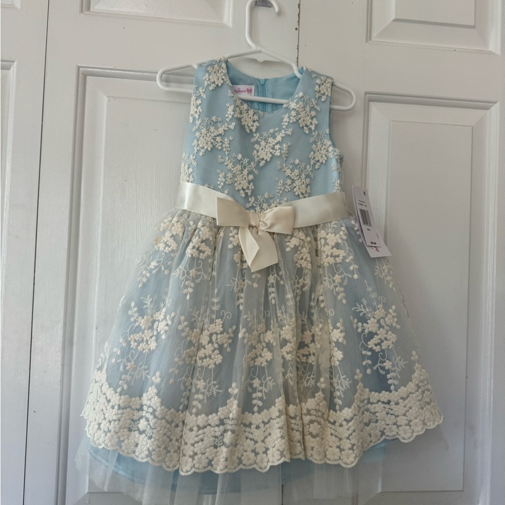 Bonnie Jean Light Blue and Ivory Floral Lace Party Dress